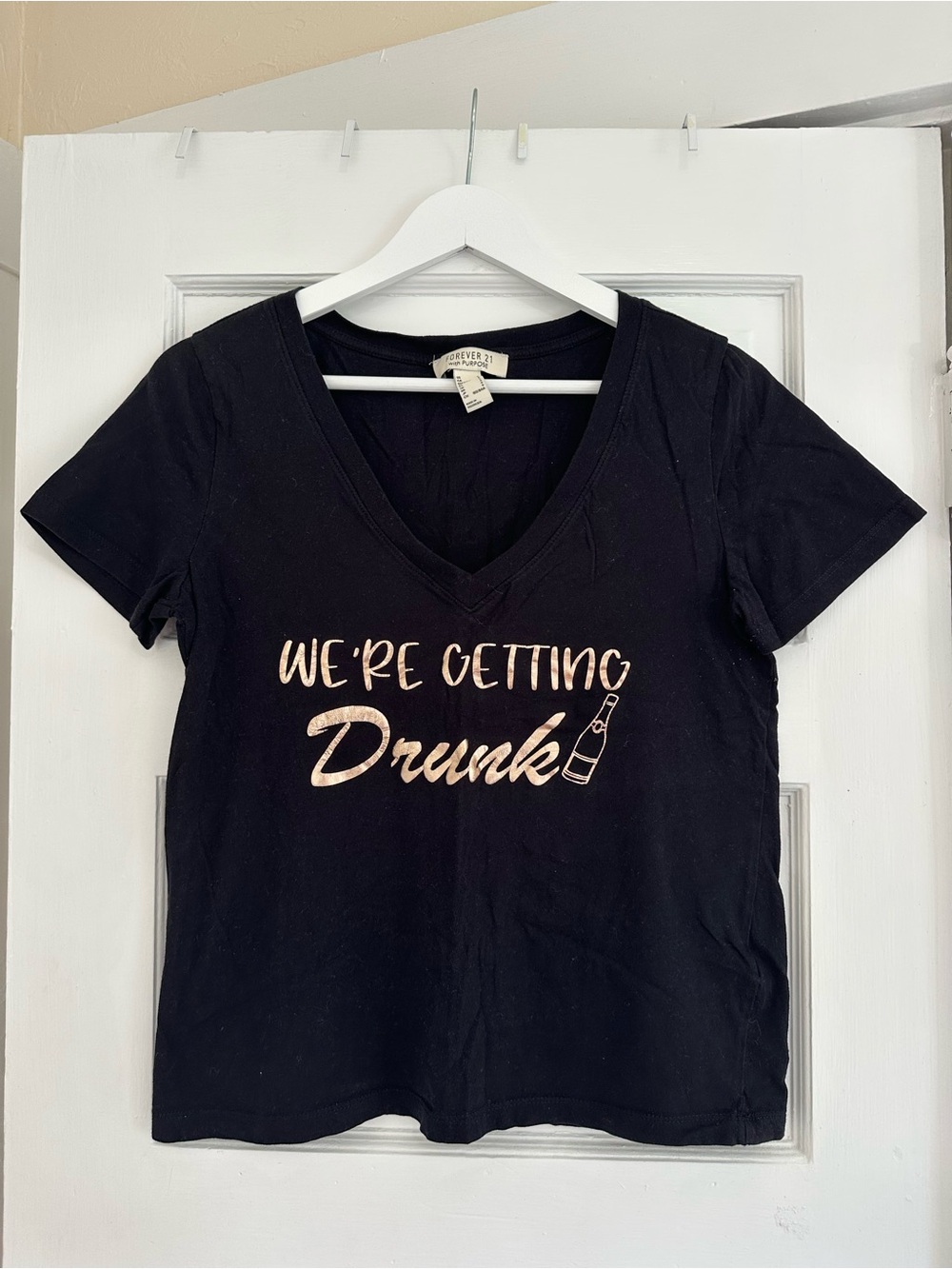 Forever 21 Black V-Neck Graphic Tee with Metallic Script